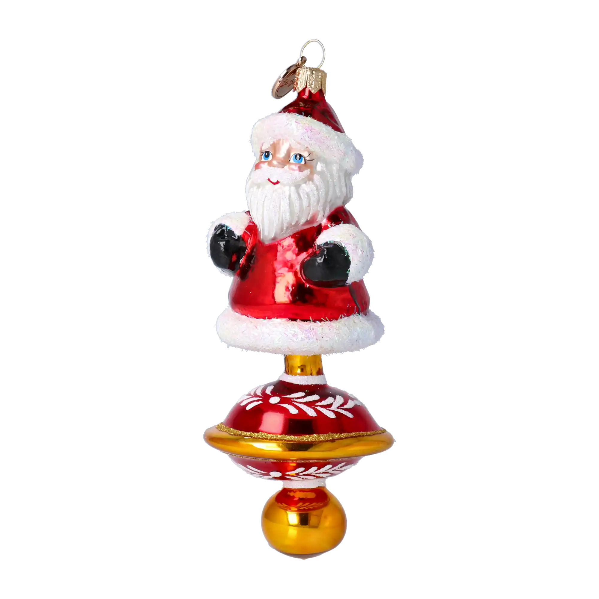 Ozdoba Wesoły Mikołaj na kołowrotku. Ręcznie wykonana szklana ozdoba świąteczna.