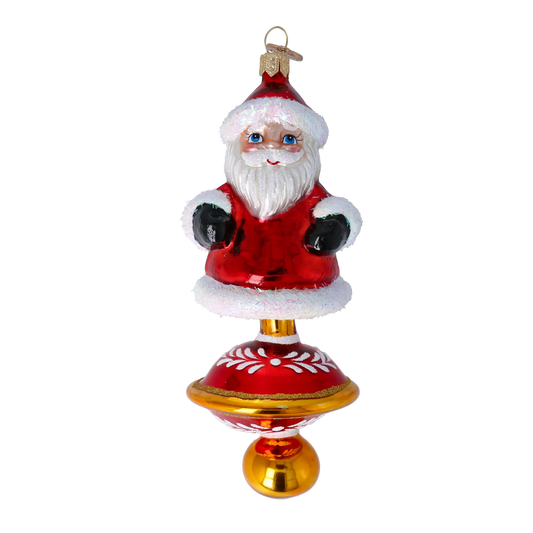 Ornament Merry Santa Claus on a spinning wheel. Handmade Glass Christmas ornament. 2024-255