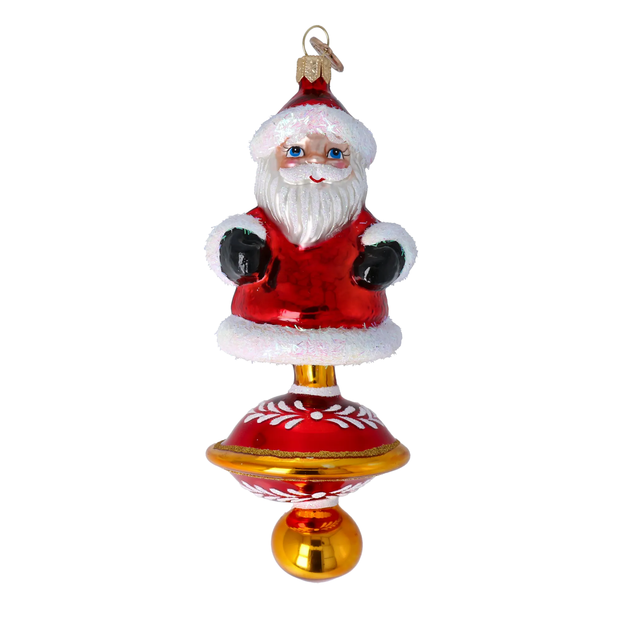 Ornament Merry Santa Claus on a spinning wheel. Handmade Glass Christmas ornament. 2024-255