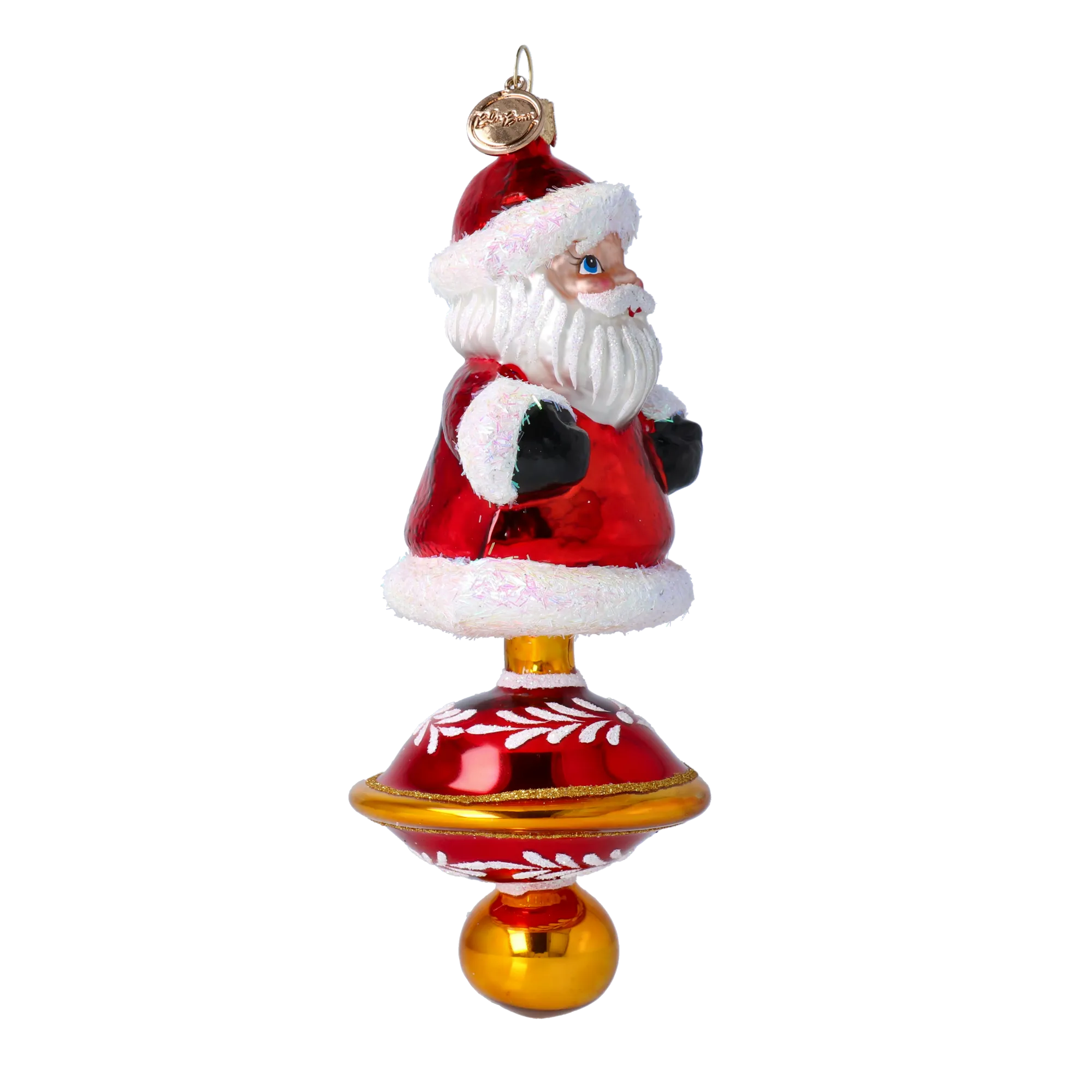 Ornament Merry Santa Claus on a spinning wheel. Handmade Glass Christmas ornament. 2024-255