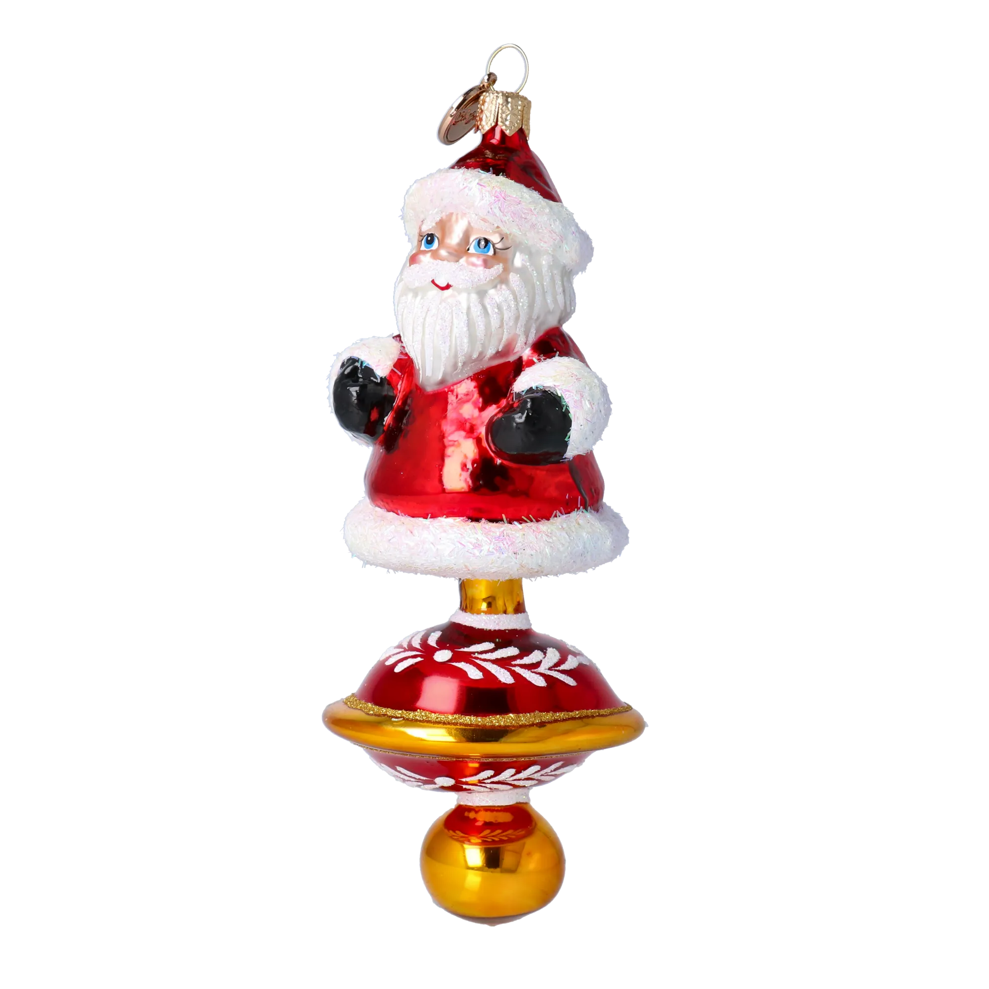 Ornament Merry Santa Claus on a spinning wheel. Handmade Glass Christmas ornament. 2024-255
