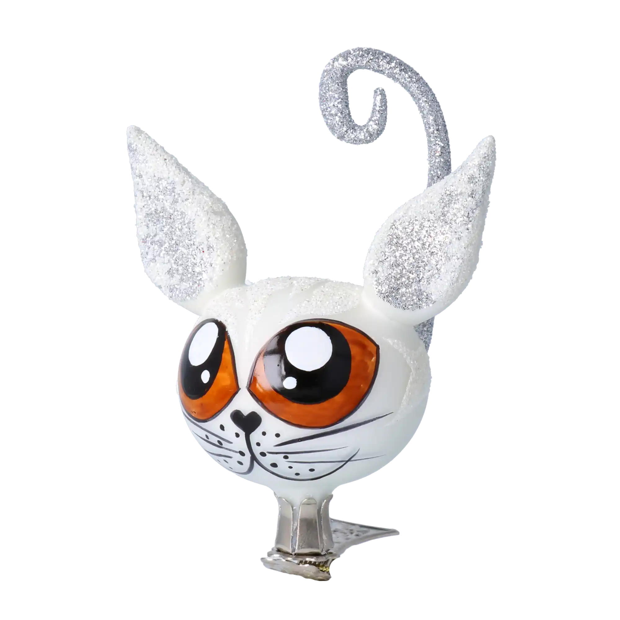 Biały Kot Śnieżynka Na Klipsie Szklana Ozdoba Choinkowa, bombka