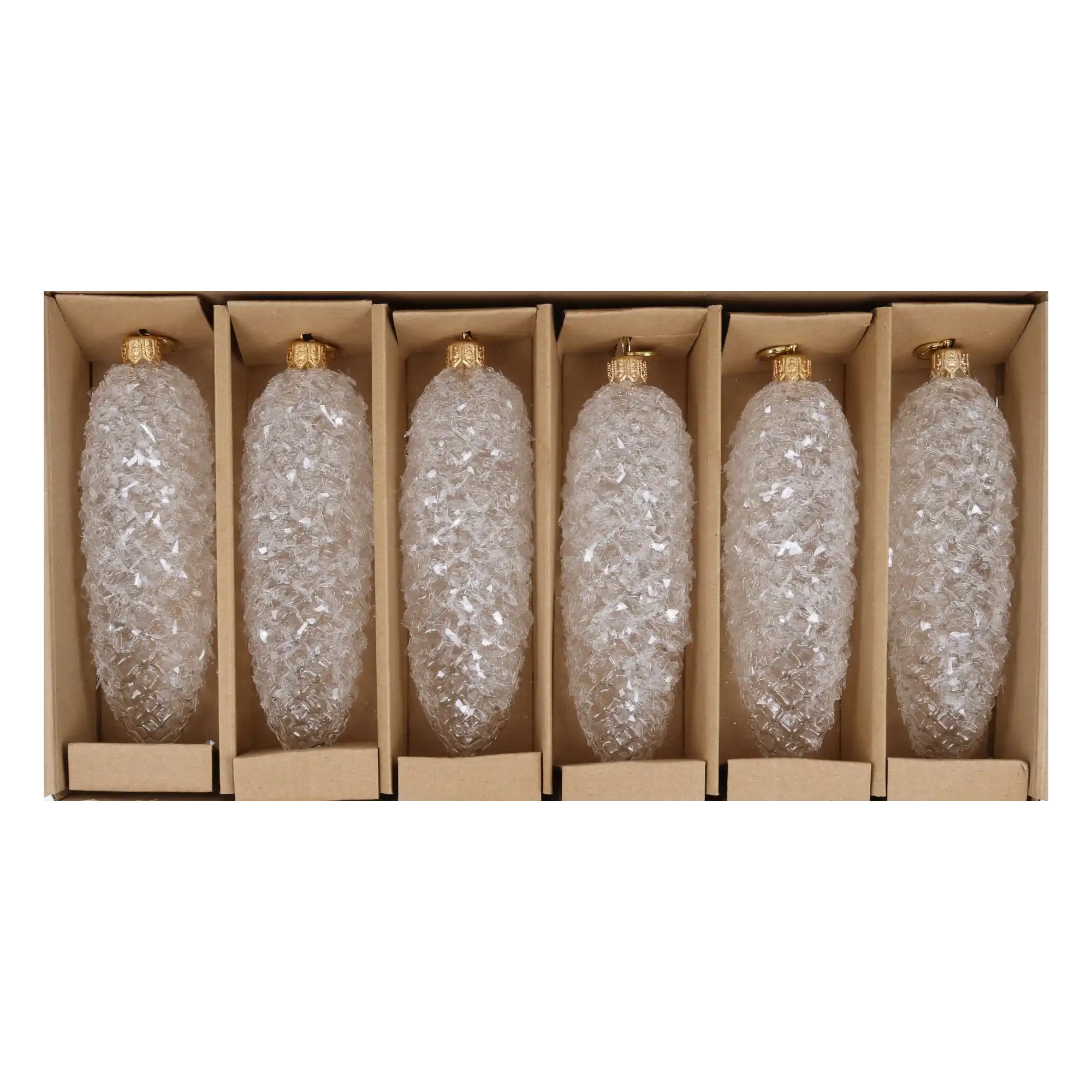 Crystal Frost Pinecone Ornaments – Set of 6. Handmade Glass Christmas ornament.