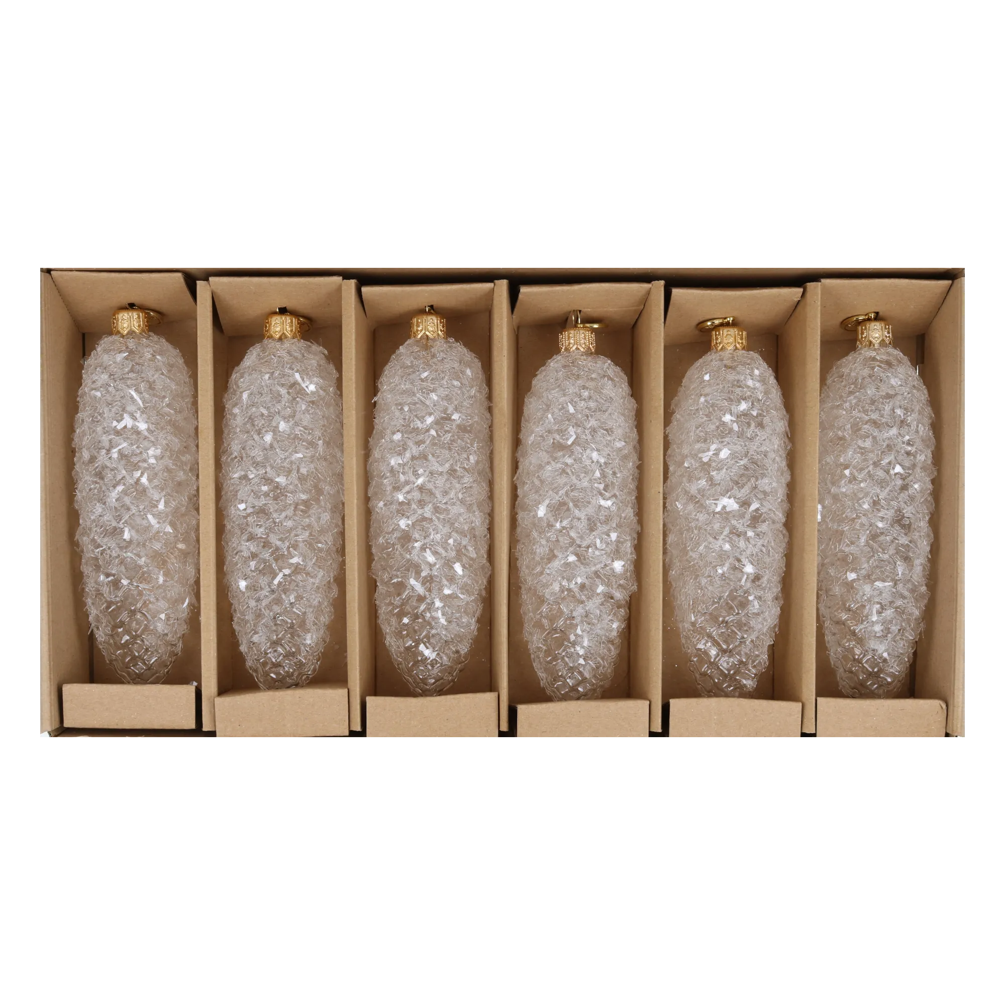Crystal Frost Pinecone Ornaments – Set of 6. Handmade Glass Christmas ornament. 2025-207