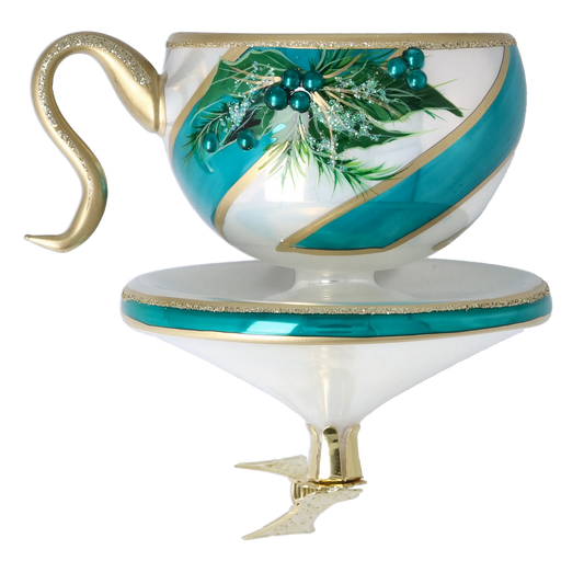 Evergreen Teal Cup Free Blowing Glass Teacup Ornament 2026-118