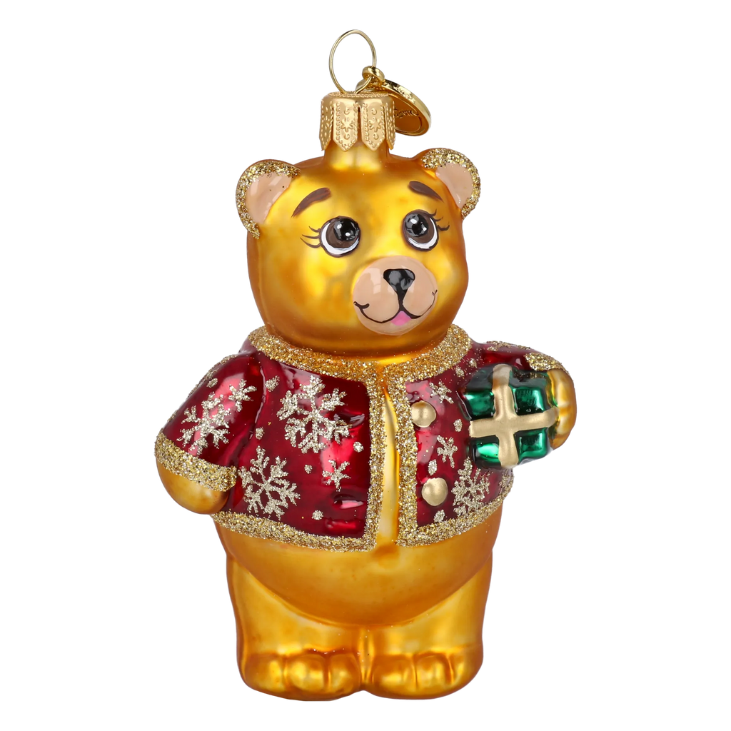 Bear's Little Gift in Ruby & Gold | Hand-Painted Glass Ornament | Blubom 2027-003