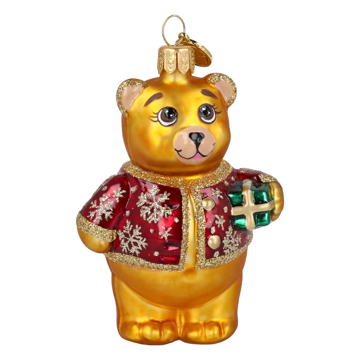 Bear's Little Gift in Ruby & Gold | Hand-Painted Glass Ornament | Blubom 2027-003