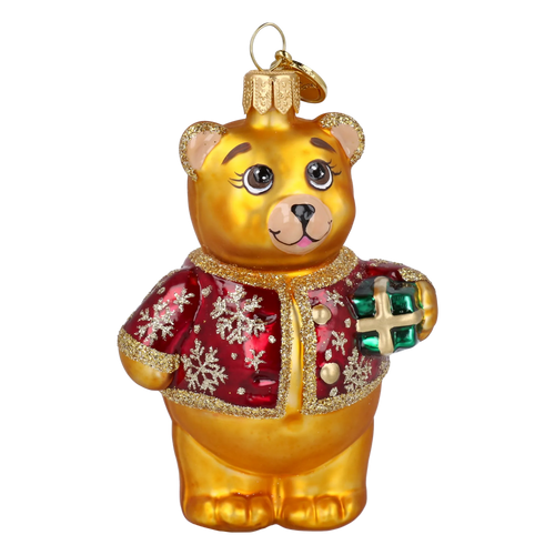 Bear's Little Gift in Ruby & Gold | Hand-Painted Glass Ornament | Blubom 2027-003