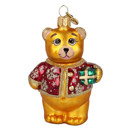Bear's Little Gift in Ruby & Gold | Hand-Painted Glass Ornament | Blubom 2027-003