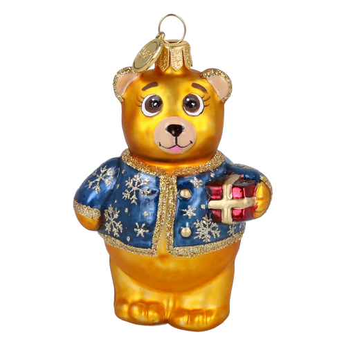 Bear's Little Gift in Cobalt & Gold | Hand-Painted Glass Ornament | Blubom 2027-004