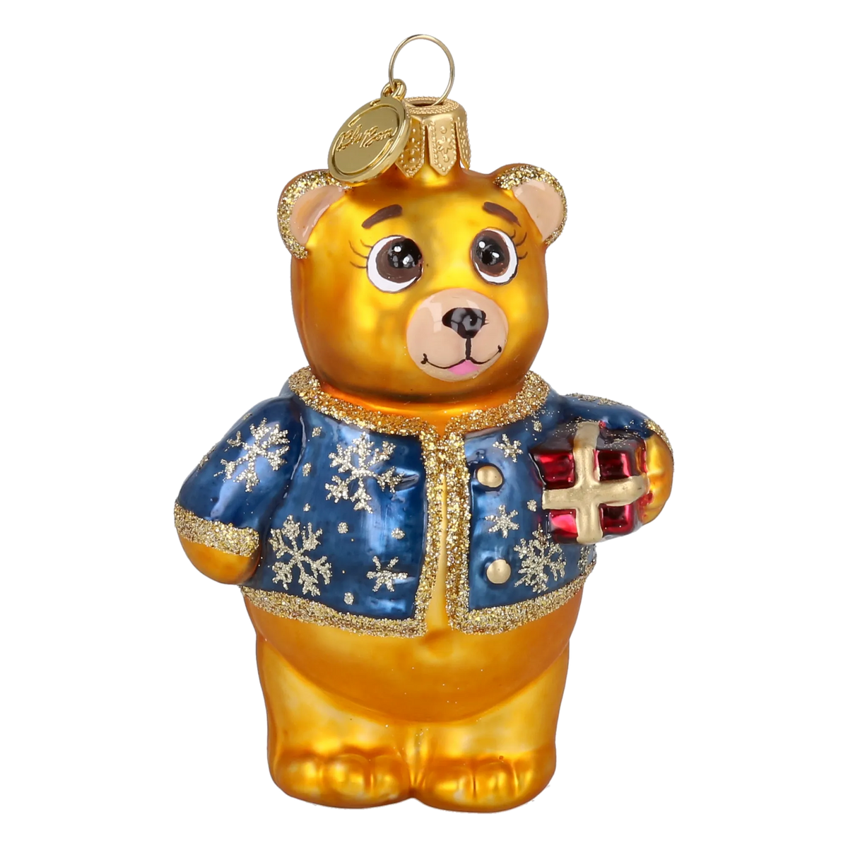 Bear's Little Gift in Cobalt & Gold | Hand-Painted Glass Ornament | Blubom 2027-004