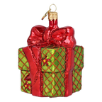 Bundled Gift in Crimson & Lime | Hand-Painted Glass Ornament | Blubom 2027-033