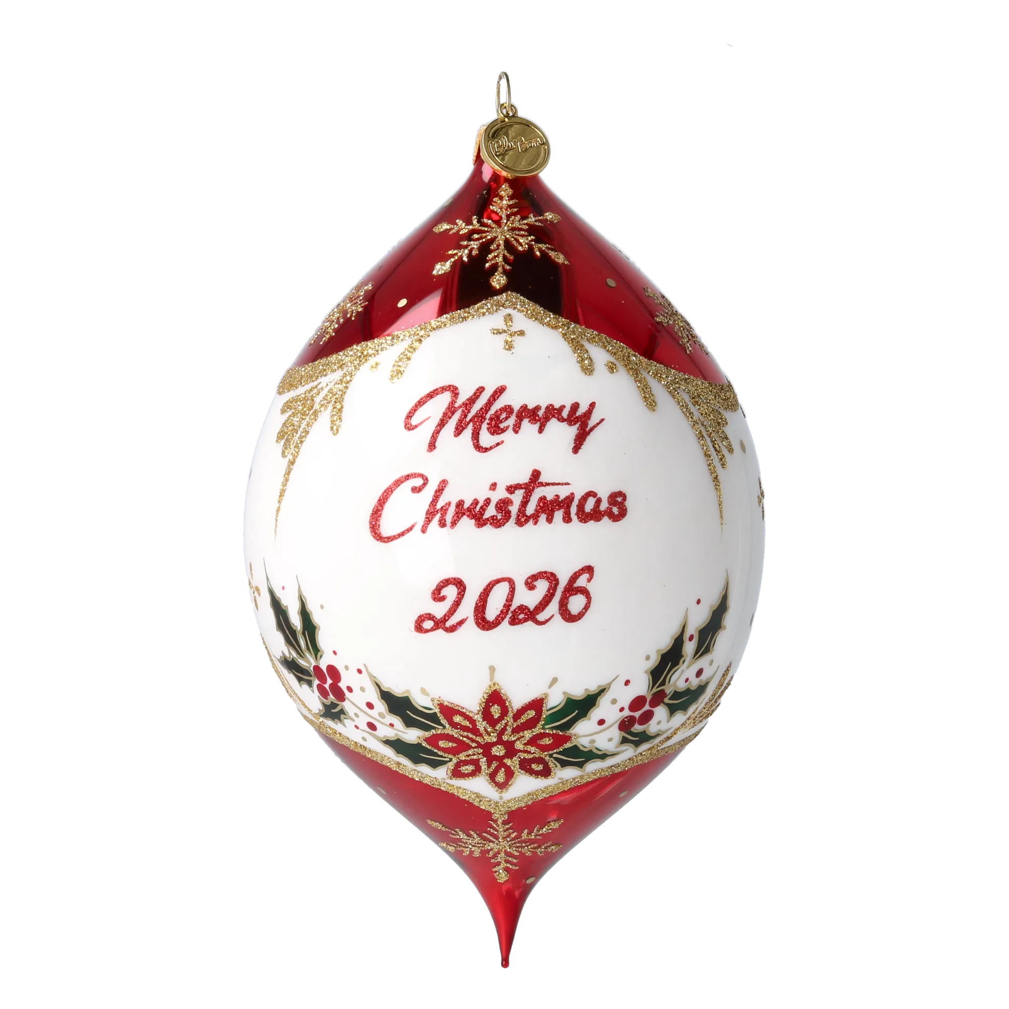 Personalized Winter Holly Drop in Ruby | Hand-Painted Glass Ornament | Blubom 2027-034