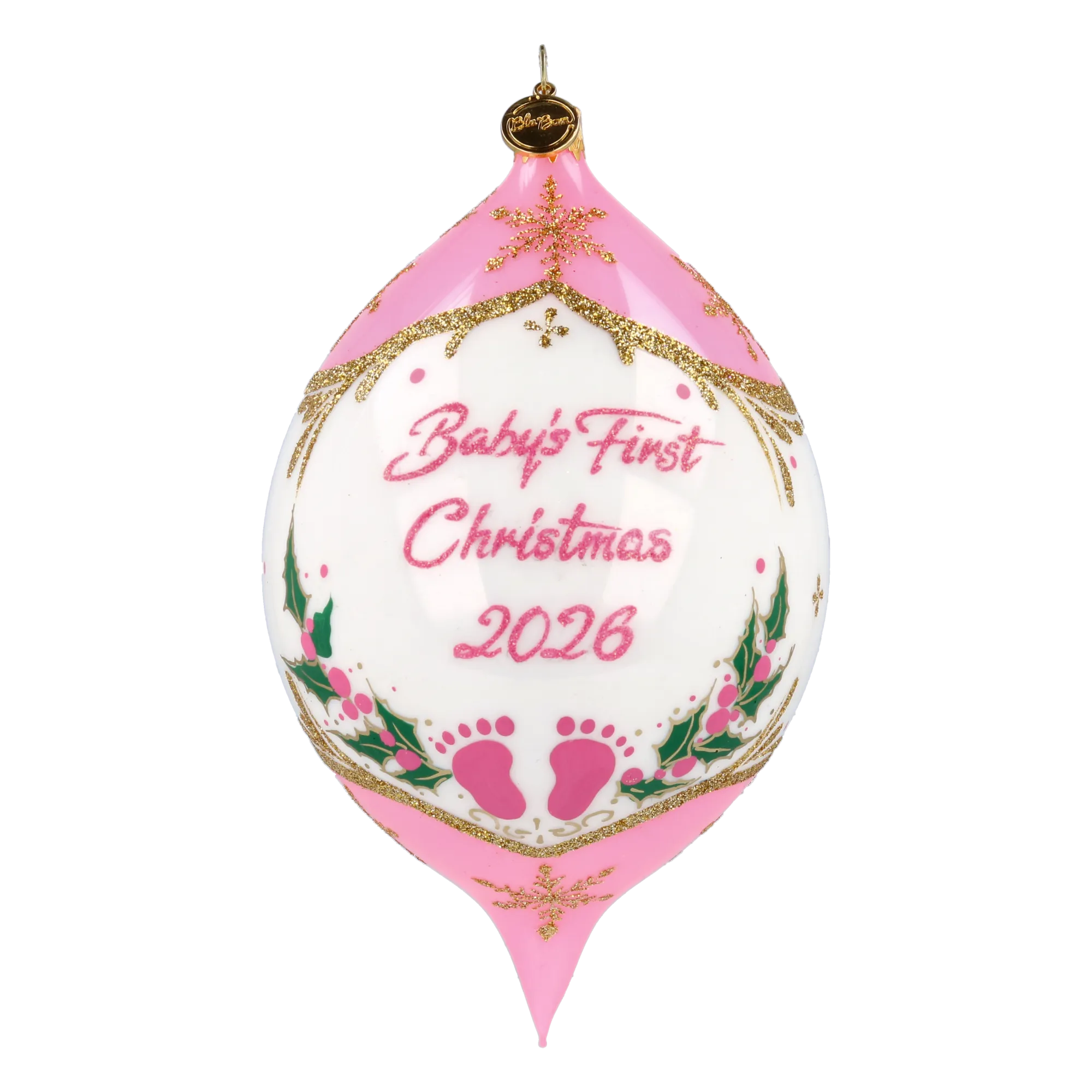 Personalized Winter Holly Drop in Blush | Hand-Painted Glass Ornament | Blubom 2027-035