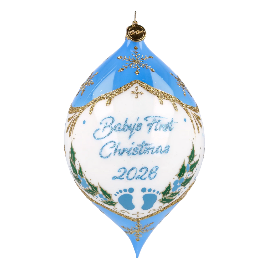 Personalized Winter Holly Drop in Sky | Hand-Painted Glass Ornament | Blubom 2027-036
