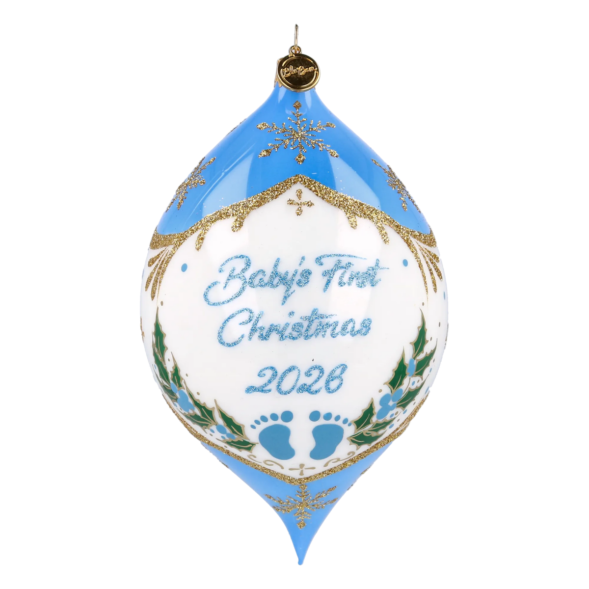 Personalized Winter Holly Drop in Sky | Hand-Painted Glass Ornament | Blubom 2027-036