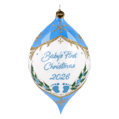 Personalized Winter Holly Drop in Sky | Hand-Painted Glass Ornament | Blubom 2027-036