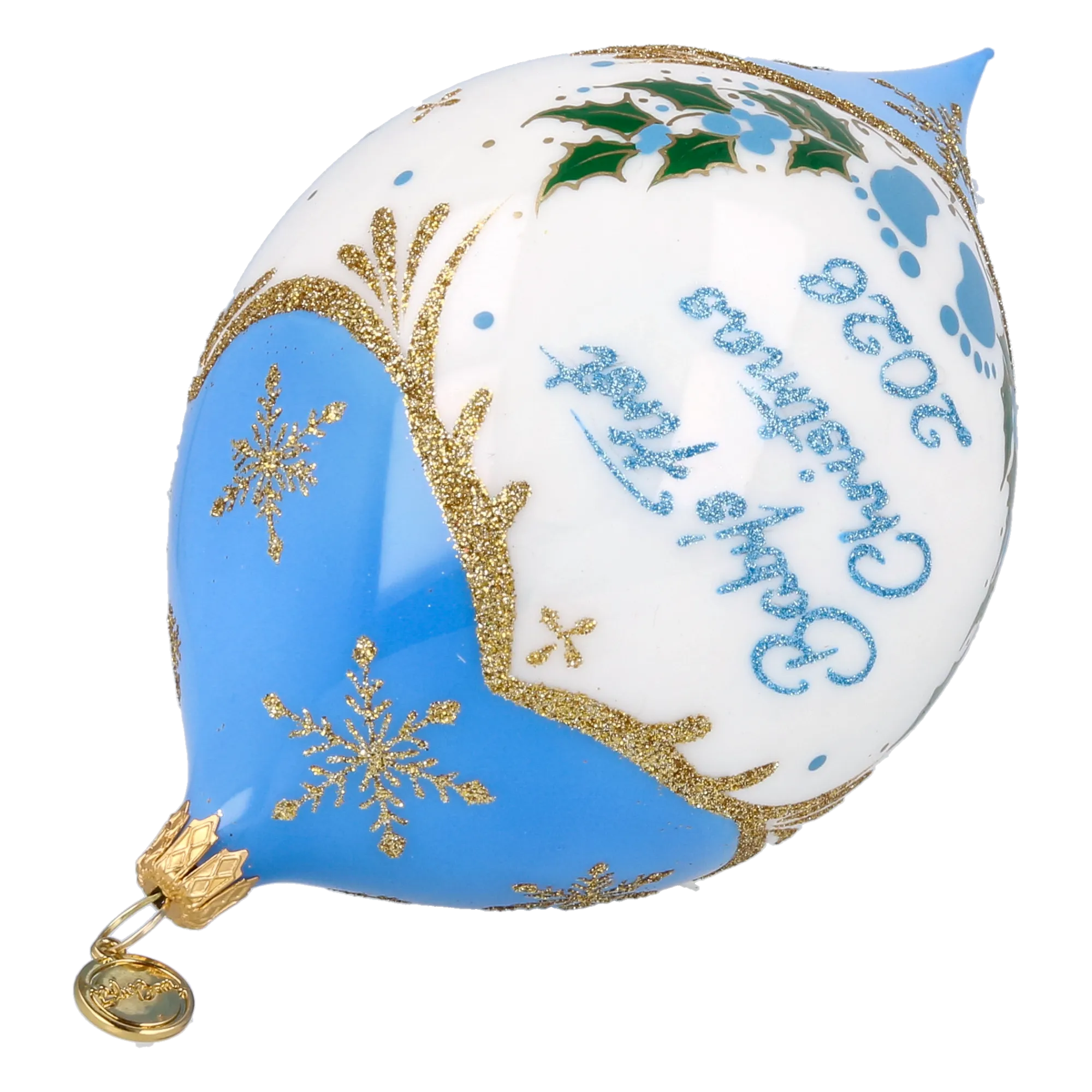 Personalized Winter Holly Drop in Sky | Hand-Painted Glass Ornament | Blubom 2027-036
