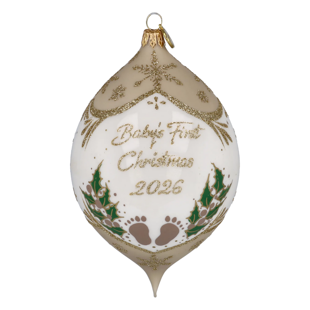 Personalized Taupe Winter Holly Drop - Baby's First Christmas | Hand-Painted Glass Ornament | Blubom 2027-037