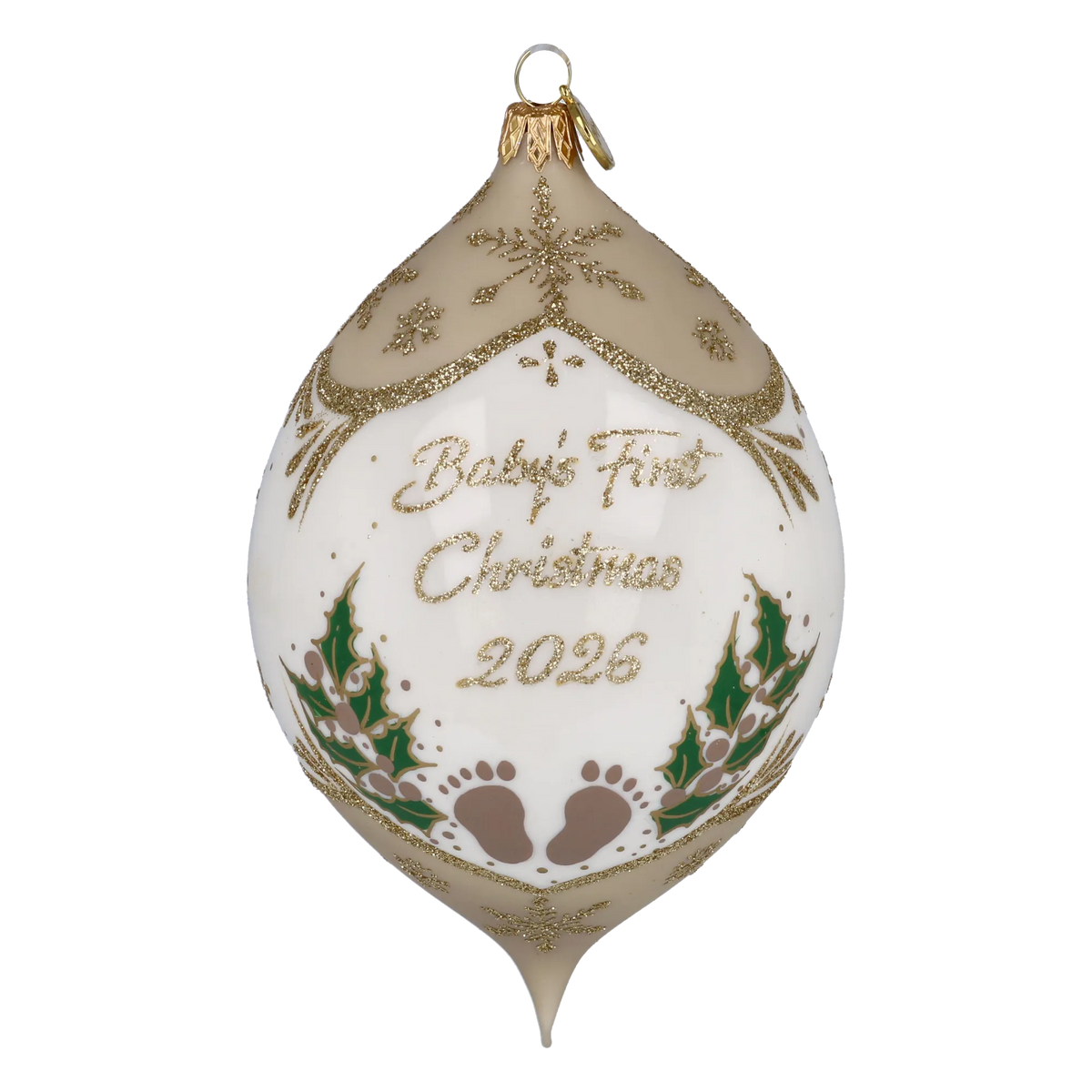Personalized Taupe Winter Holly Drop - Baby's First Christmas | Hand-Painted Glass Ornament | Blubom 2027-037