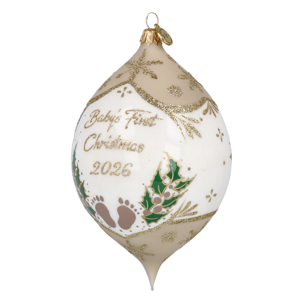 Personalized Taupe Winter Holly Drop - Baby's First Christmas | Hand-Painted Glass Ornament | Blubom 2027-037