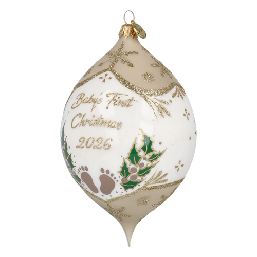 Personalized Taupe Winter Holly Drop - Baby's First Christmas | Hand-Painted Glass Ornament | Blubom 2027-037