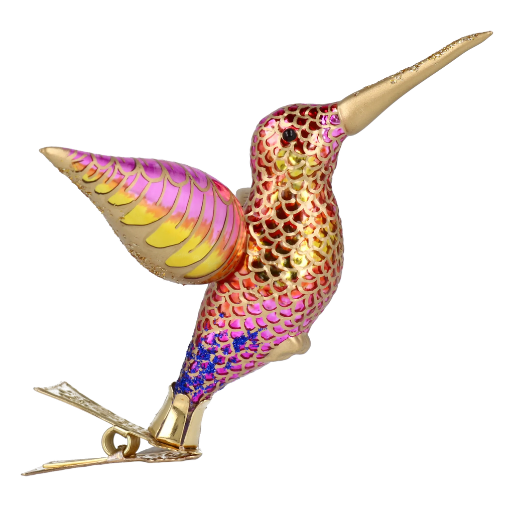 Hovering Hummingbird in Gilt & Magenta | Hand-Painted Glass Ornament | Blubom 2027-047
