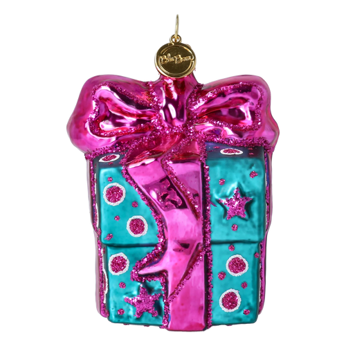 Bundled Gift in Teal & Fuchsia | Hand-Painted Glass Ornament | Blubom 2027-056