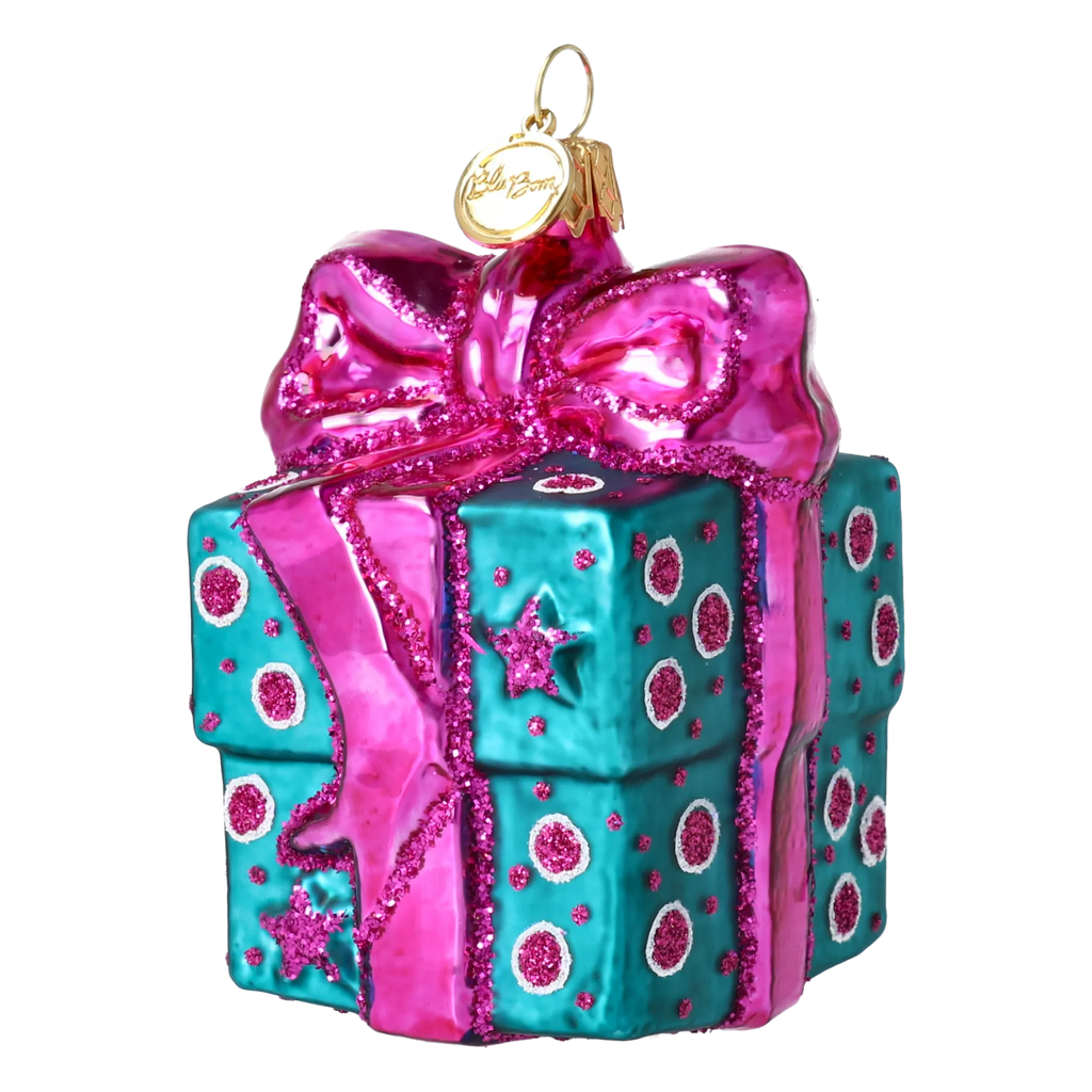 Bundled Gift in Teal & Fuchsia | Hand-Painted Glass Ornament | Blubom 2027-056