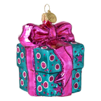 Bundled Gift in Teal & Fuchsia | Hand-Painted Glass Ornament | Blubom 2027-056