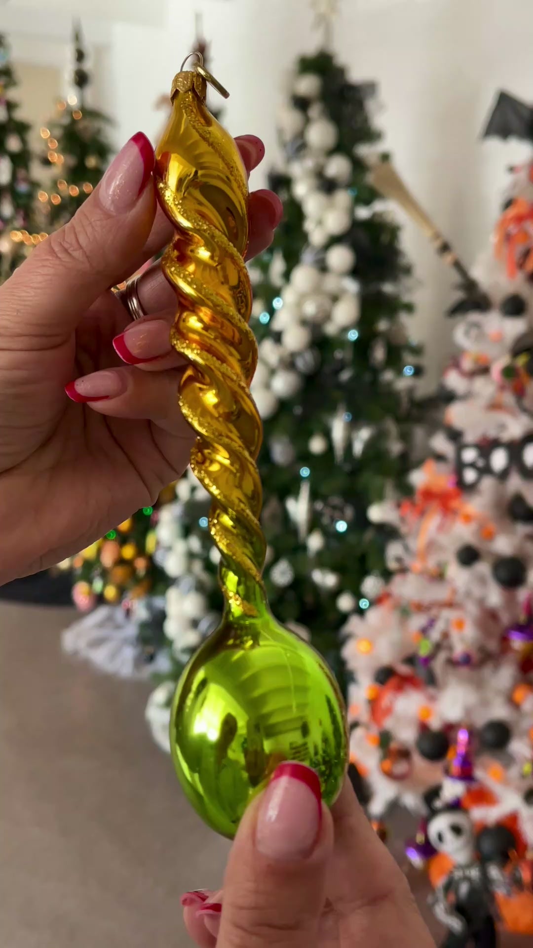 Gilded Verdant Cadence | Hand-Painted Glass Ornament | Blubom 2026-137